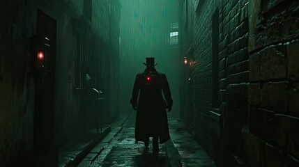 Silhouetted Figure in a Dark Alleyway with Fog and Lanterns