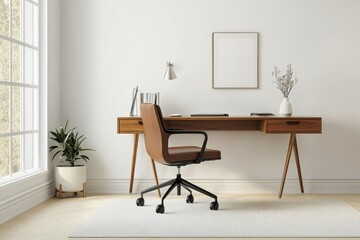 Elegant home office setup with a stylish desk, ergonomic chair, and minimalist decor isolated on white background