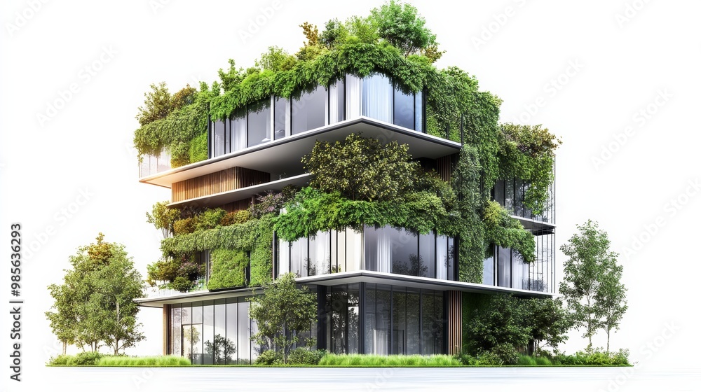 Poster environmentally conscious urban building with integrated green spaces and renewable energy sources i