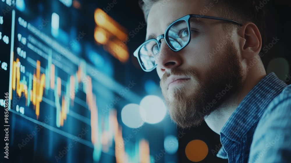 Poster man analyzing stock market data on digital screen