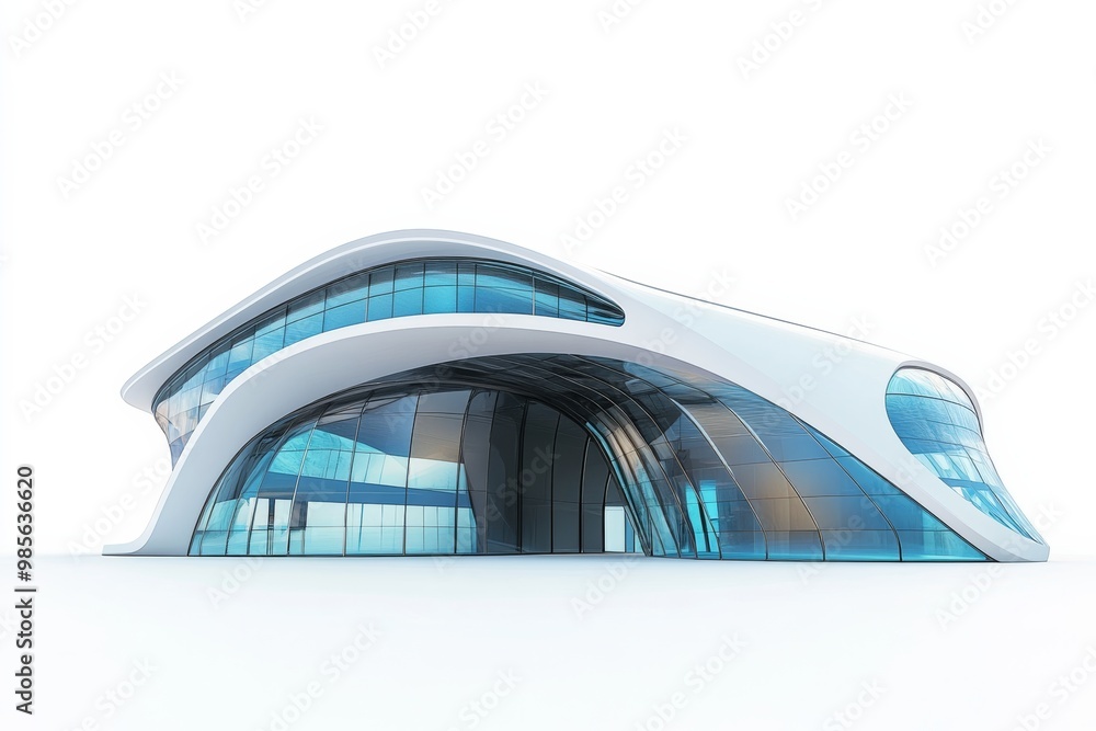 Fototapete futuristic building design with smooth surfaces and large windows, isolated on a white background