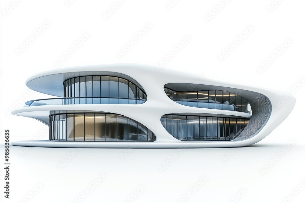Aufkleber Futuristic building design with smooth surfaces and large windows, isolated on a white background