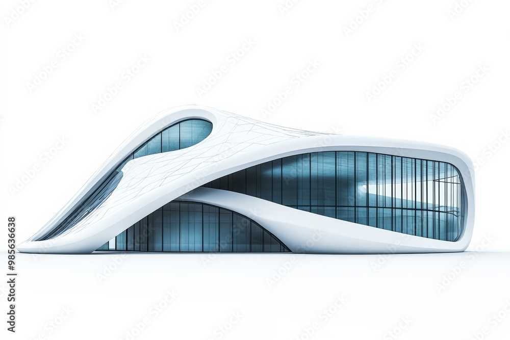 Poster Futuristic building design with smooth surfaces and large windows, isolated on a white background