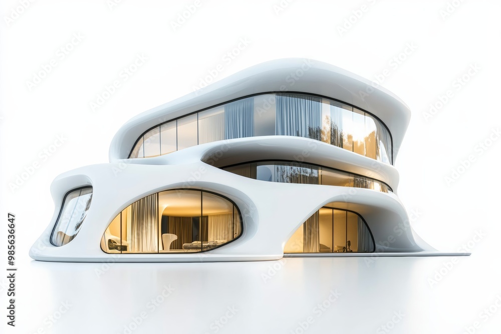 Poster Futuristic building design with smooth surfaces and large windows, isolated on a white background