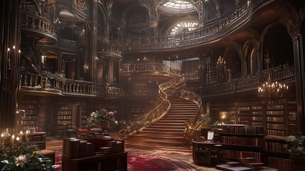 Obraz premium A grand, ornate library with a sweeping staircase and rows of bookshelves.