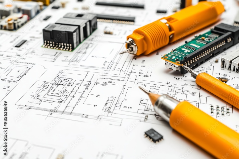 Poster High-angle view of circuit boards and electronic components placed on engineering sketches on a white background
