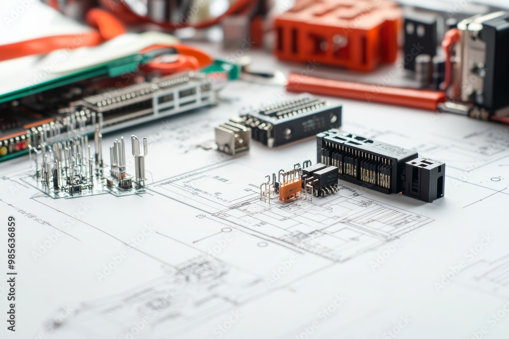 Poster High-angle view of circuit boards and electronic components placed on engineering sketches on a white background