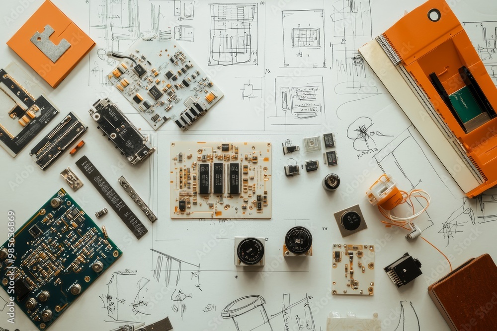 Aufkleber High-angle view of circuit boards and electronic components placed on engineering sketches on a white background