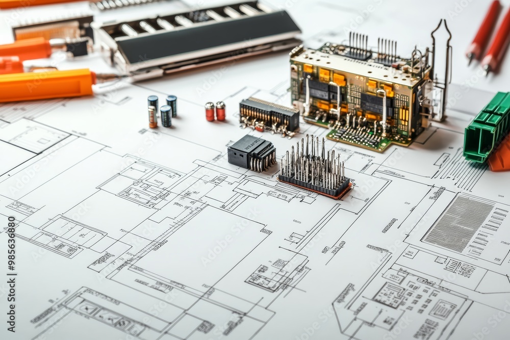 Poster High-angle view of circuit boards and electronic components placed on engineering sketches on a white background