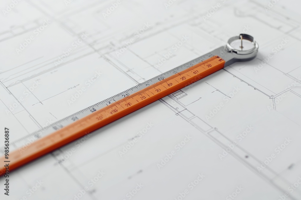 Poster high-quality close-up of architectural blueprints with a ruler and compass laid out on a white backg