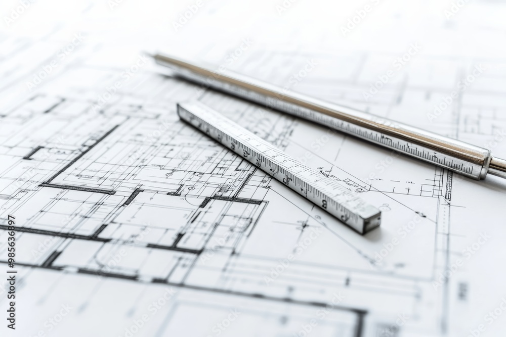 Aufkleber high-quality close-up of architectural blueprints with a ruler and compass laid out on a white backg
