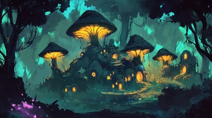 Obraz premium Fantasy mushroom house with glowing lights in a dark forest.