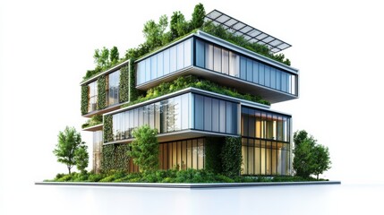 Green urban building with solar shading devices, rainwater harvesting system, and energy-efficient materials isolated on a white background