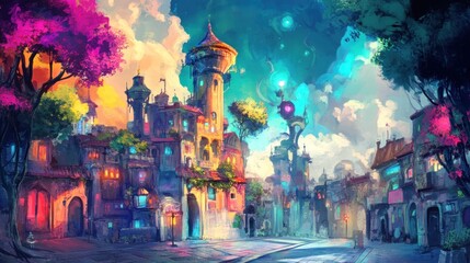A fantasy cityscape with vibrant colors, glowing windows, and a towering building.