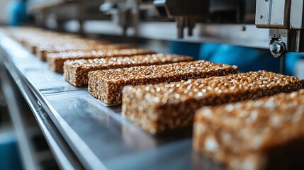 Closeup of a plantbased protein bar being manufactured in an automated line, food innovation, hightech production