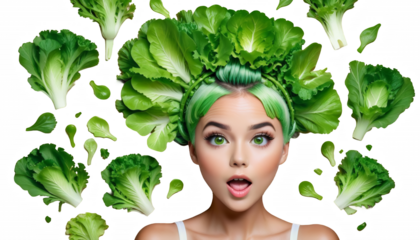  dieting surprised concept lettuce green hairstyle girl beauty woman lettuce salad coiffure dieting green surprised vegetarian amazed background beautiful bright care concept cooking diet eat face