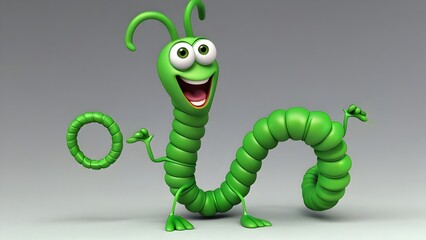green worm with a quirky personality. She’s always in a spiral or loop, using her body in humorous ways, like tying herself in knots. Her facial expressions are playful and slightly mischievous.