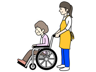 車椅子を押す女性のイラスト