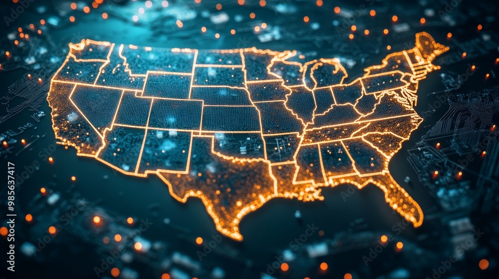 Poster usa map with glowing lines and circuit board background