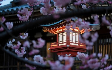 A traditional red Japanese lantern illuminates the night, framed by delicate pink cherry blossoms.