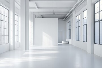 Fototapeta premium Minimalist open space interior with white walls and minimal furnishings, isolated on a white background