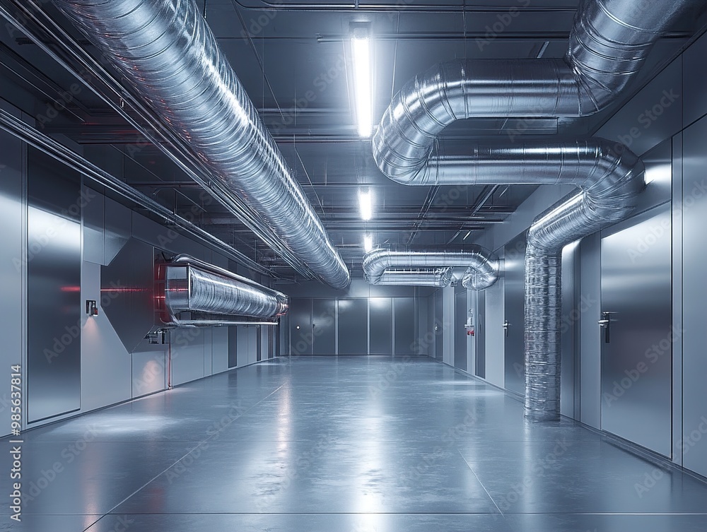 Wall mural Industrial Corridor with Metal Pipes and Fluorescent Lights