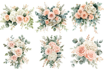 Watercolor floral arrangement with soft peach roses, white hydrangeas, and green eucalyptus leaves, elegant botanical bouquet