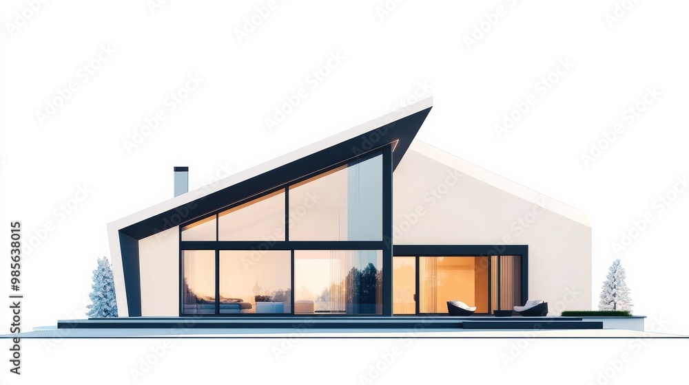 Leinwandbilder Modern minimalist house design with sharp geometric lines and large windows isolated on a white background