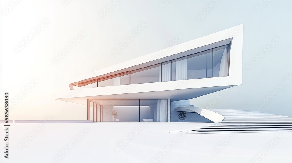 Poster Modern minimalist house design with sharp geometric lines and large windows isolated on a white background