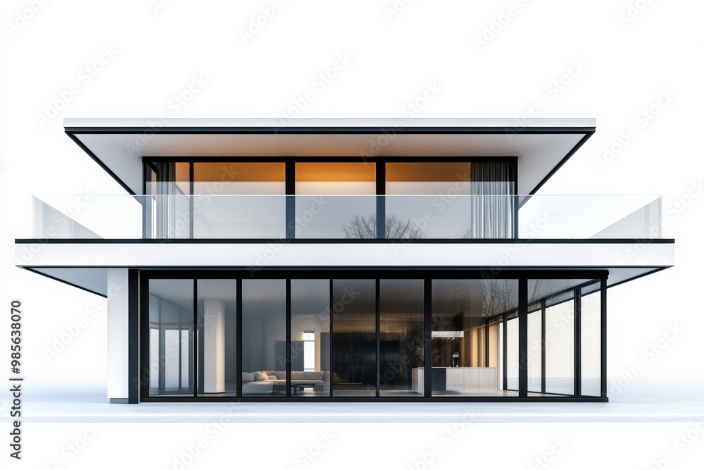 Poster modern minimalist house with large glass windows and flat roof, isolated on white background showcas