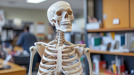 A human skeleton model displayed in a biology classroom, with labels for bones and joints used for teaching anatomy.