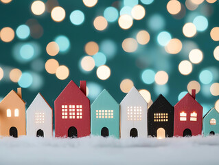 Colorful paper houses against a sparkling bokeh background.