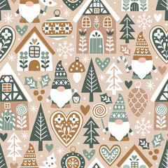 Materiał do szycia Seamless vector pattern with cute nordic Christmas gnomes and gingerbread houses and. Hand drawn Christmas gingerbread village. EPS 10 vector file. Perfect for textile, wallpaper or print design.