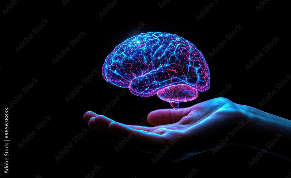 Aufkleber hand holding digital holographic brain representing artificial intelligence