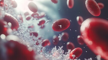 Fototapeta premium A microscopic view of blood cells moving through a vein, showing red and white blood cells interacting in the bloodstream.