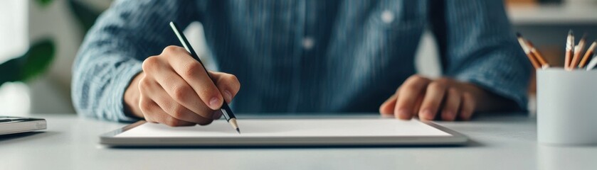person writing on a tablet with a pencil, capturing creativity and modern technology in a workspace.