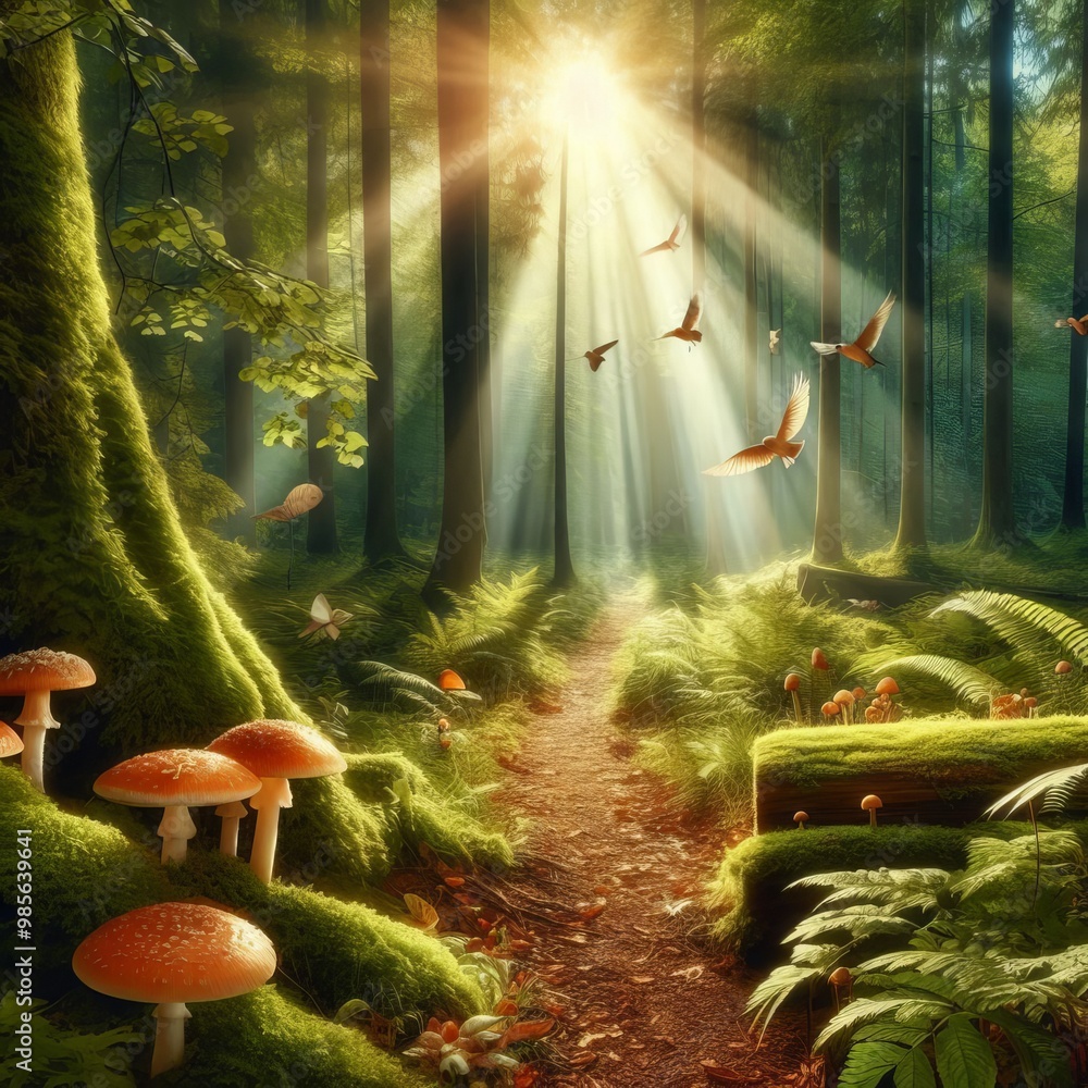 Poster a magical forest path illuminated by soft, golden sunlight filtering through tall trees. mushrooms g