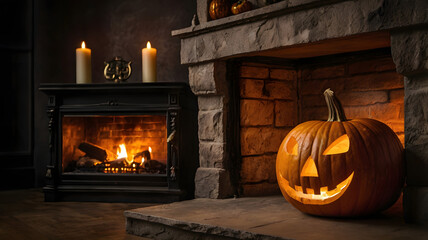 Obraz premium halloween, pumpkin lantern, pumpkin in the fireplace, ai generated, light