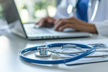 Doctor using laptop with stethoscope on desk in hospital office