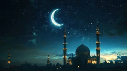 Islamic banner of moon and star and mosque