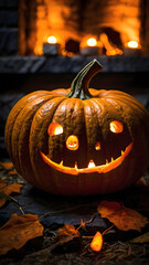 Fototapeta premium halloween, pumpkin lantern, pumpkin in the fireplace, ai generated, light