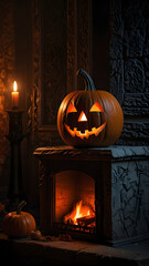 halloween, pumpkin lantern, pumpkin in the fireplace, ai generated, light