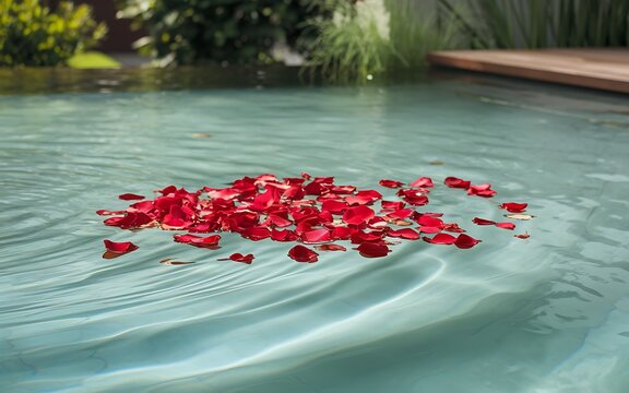 Red rose petals floating on the surface of a clear blue pool water with ripples. - Powered by Adobe