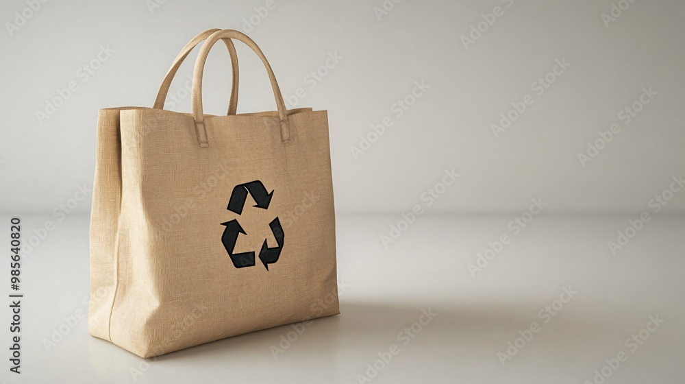 Poster a reusable cotton shopping bag featuring a recycle symbol, neatly folded and isolated on a white sur