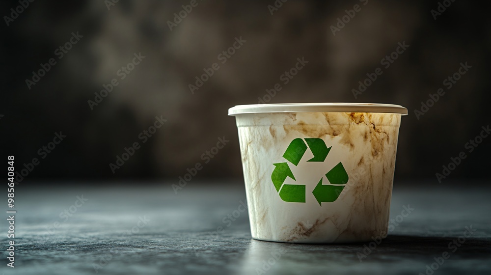 Aufkleber A biodegradable plastic container featuring a large recycle icon printed in green. Photorealistic image isolated on a white background, showcasing the smooth material. Large space for text in center