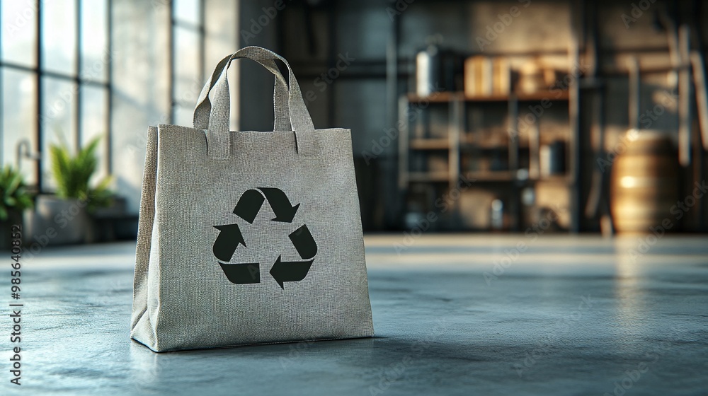 Poster a reusable cotton shopping bag featuring a recycle symbol, neatly folded and isolated on a white sur