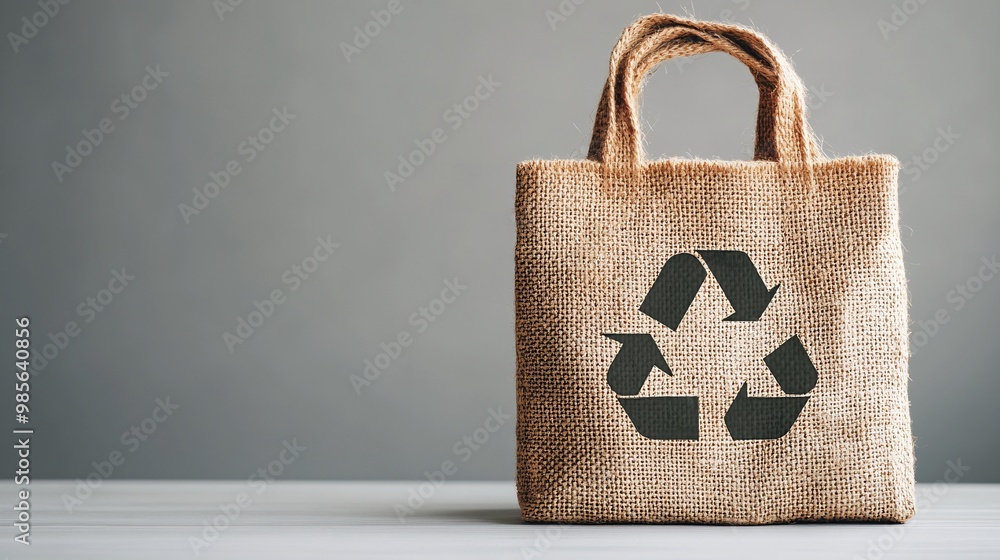 Poster a reusable cotton shopping bag featuring a recycle symbol, neatly folded and isolated on a white sur