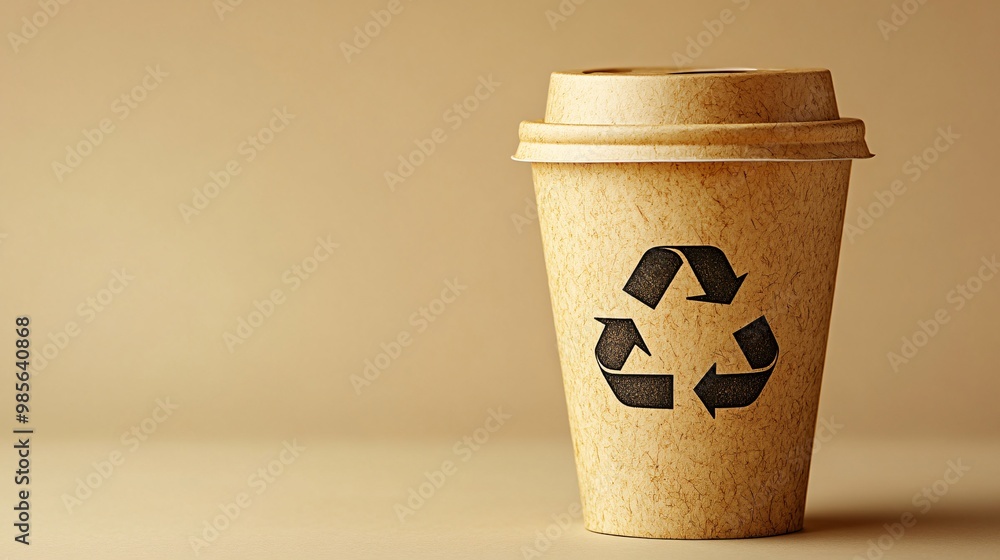 Aufkleber a reusable coffee cup with the lid on, showing a recycle symbol on the sleeve. photorealistic image 