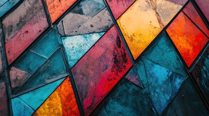 Fototapeta premium Close-up of an abstract painted wall with geometric shapes and vivid colors.