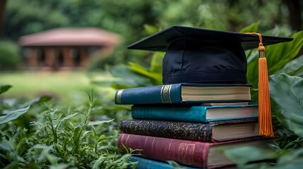 A graduation cap lying on a stack of textbooks, with a diploma and an academic building in the distance, symbolizing achievement and success